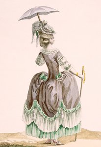 Dupinによって刻まれた女性の灰色のプロムナードドレスの背面図、「Galeries des Modes et Costumes Francais」c.1778-87からのプレートno.38